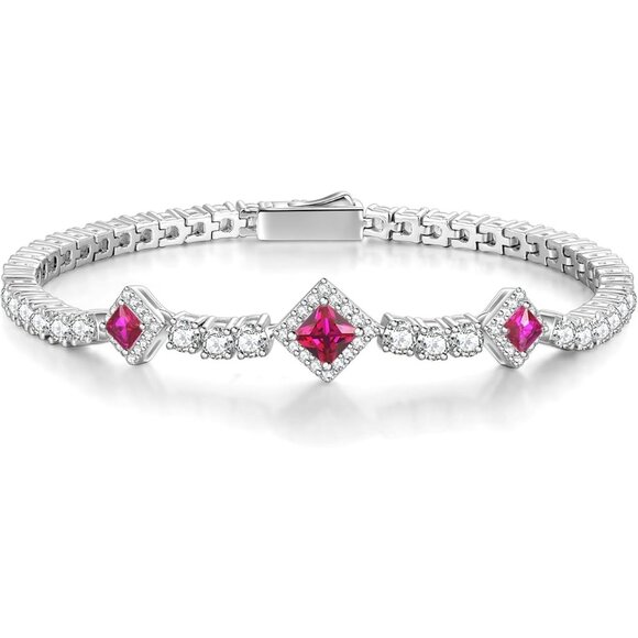 Birthstone 4mm Sterling Silver Tennis Square Gemstone Bracelet - 07-Ruby
